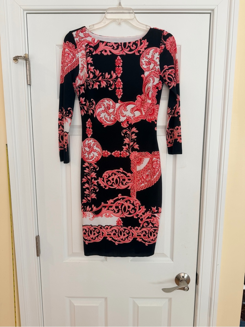 Ladies Size XS "Cache" Black Dress with Pink Scroll Print GUC